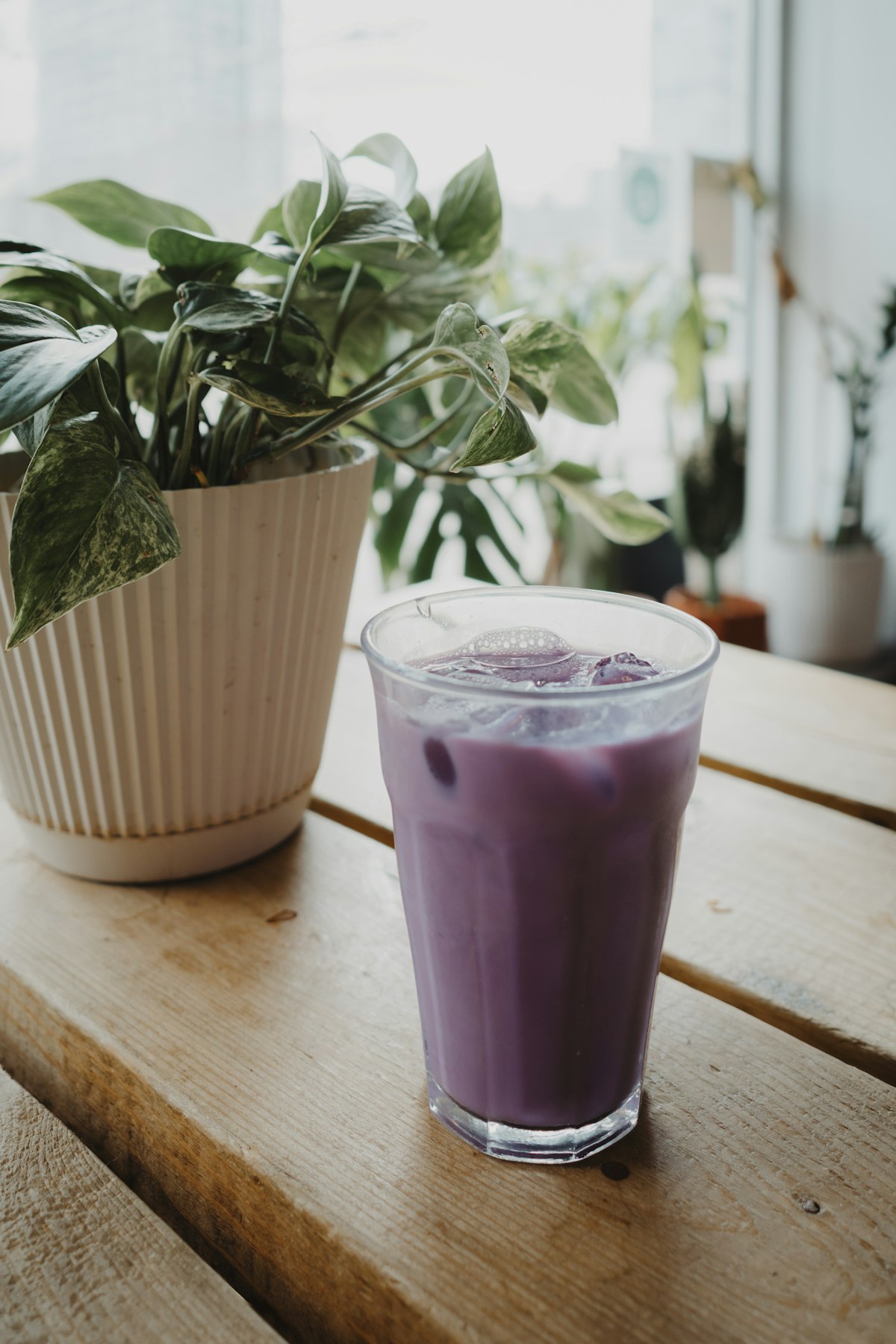 A glass of iced purple milk tea on a wooden table next to a potted plant