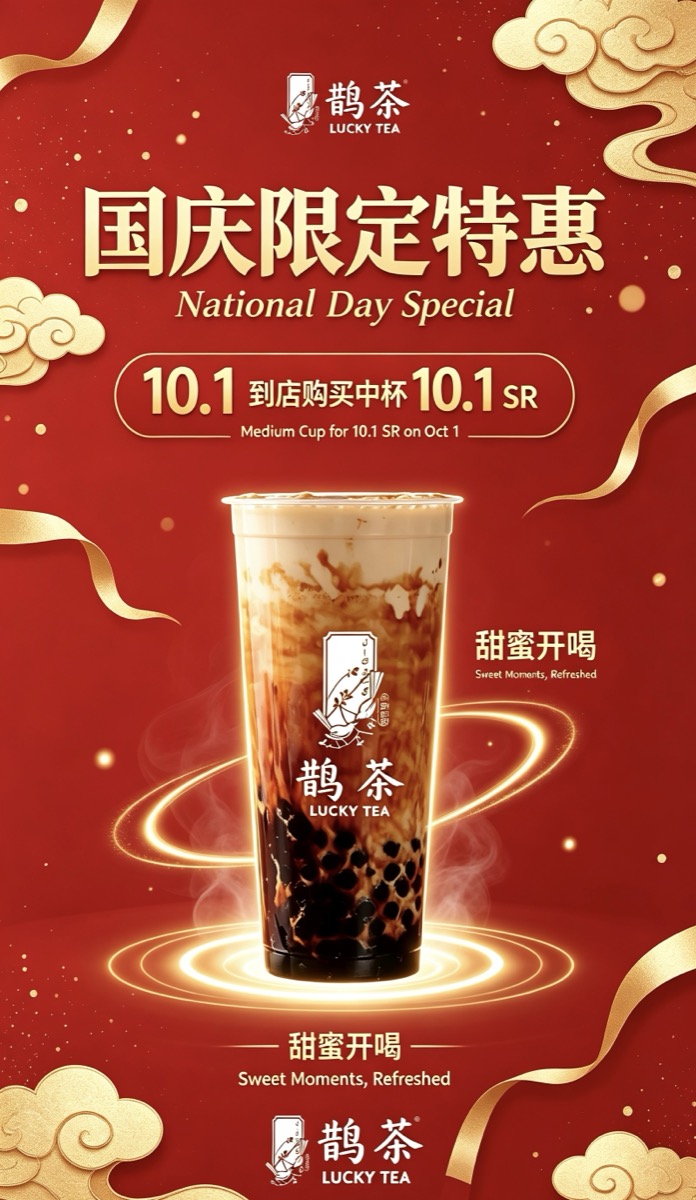 A red and gold Lucky Tea National Day promotional poster featuring a bubble tea cup, reading 国庆限定特惠, National Day Special, and 10.1 to purchase a medium cup for SR 10.1